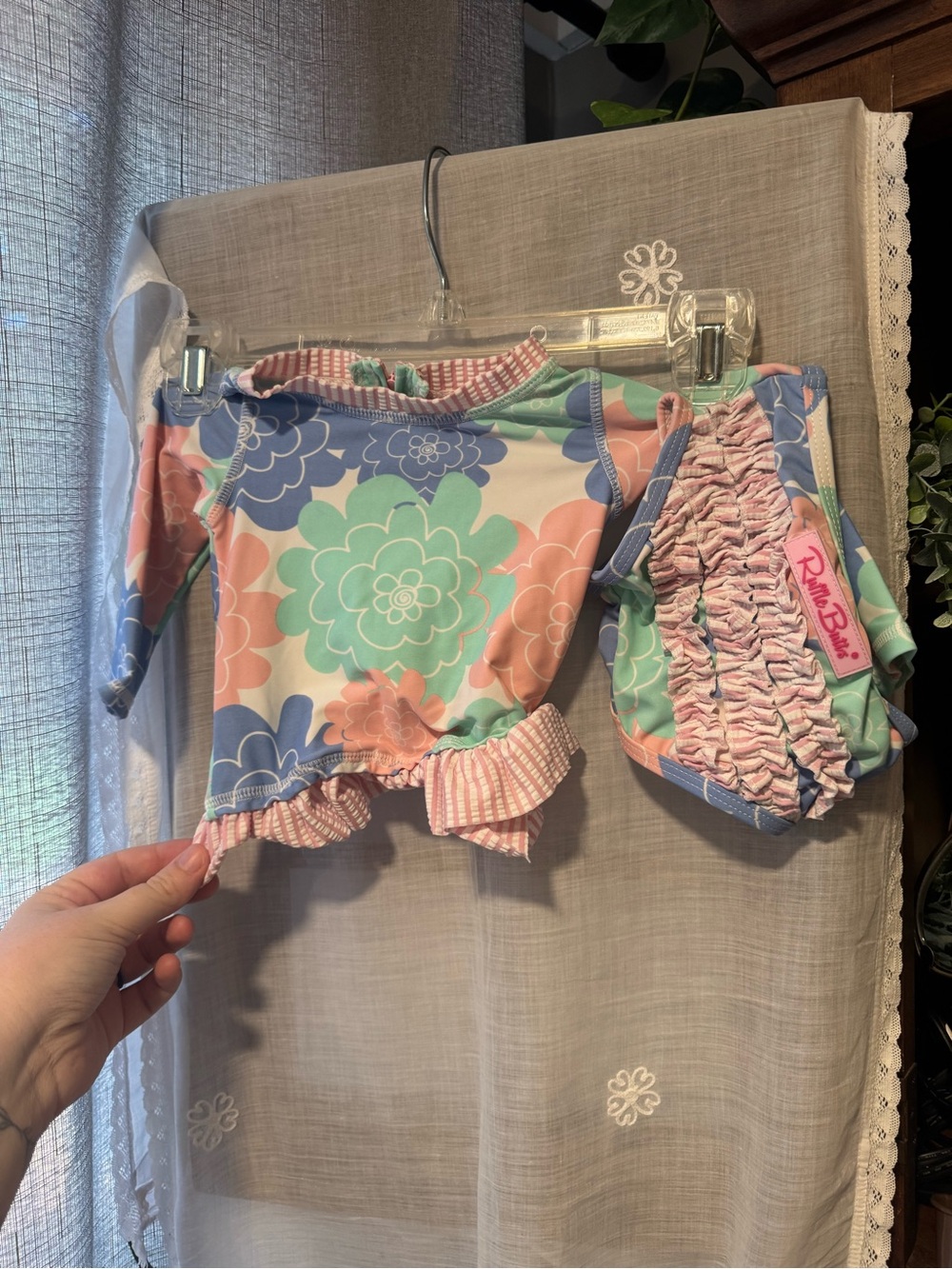 Ruffle Butts Floral Ruffle Swim Bottoms in Mint, Coral & Blue